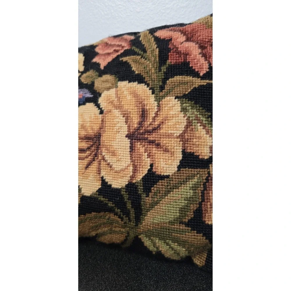 Floral Needlepoint Pillow Black Velvet Back Zip Cover 100%‎ Wool Cottagecore
